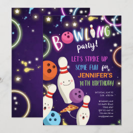 Bowling Glow Neon Disco Girl Birthday Uitnodiging