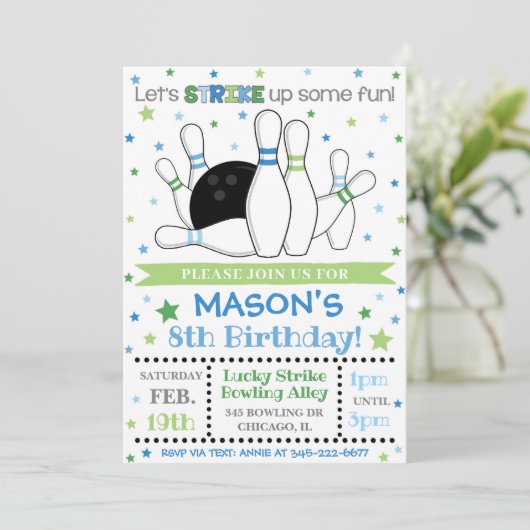 Bowling Invitation Bowling Birthday Invite Kaart (Staand voorkant)