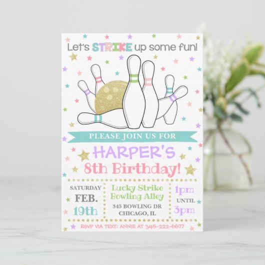 Bowling Invitation Bowling Birthday Invite Kaart (Staand voorkant)