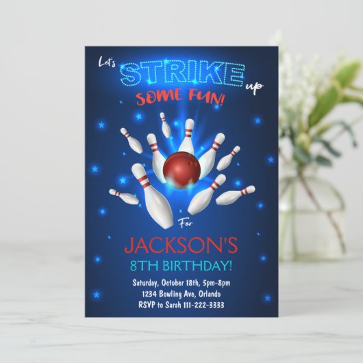 Bowling Invitation, Bowling Birthday Invite Kaart (Staand voorkant)