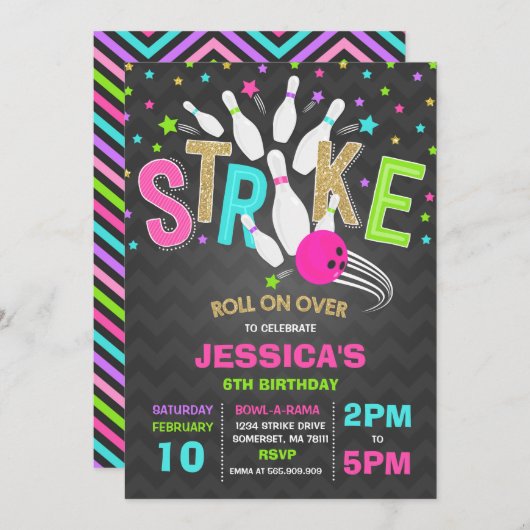 Bowling Invitation Bowling Birthday Party Strike Kaart (Voorkant / Achterkant)