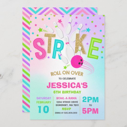 Bowling Invitation Bowling Birthday Party Strike Kaart (Voorkant / Achterkant)
