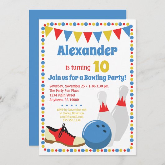 Bowling Invitation Boys Bowling Birthday Party Kaart (Voorkant / Achterkant)