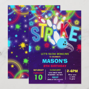 Bowling Invitation Glow Neon Bowling Birthday Kaart