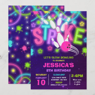 Bowling Invitation Glow Neon Bowling Birthday Kaart
