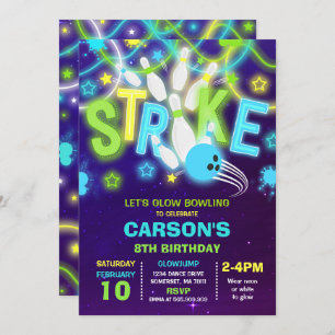 Bowling Invitation Glow Neon Bowling Birthday Kaart