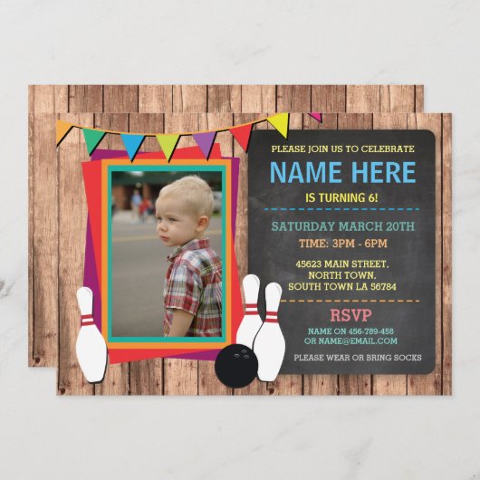 Bowling Invite Photo Bowl Chalkboard Uitnodiging (Voorkant / Achterkant)
