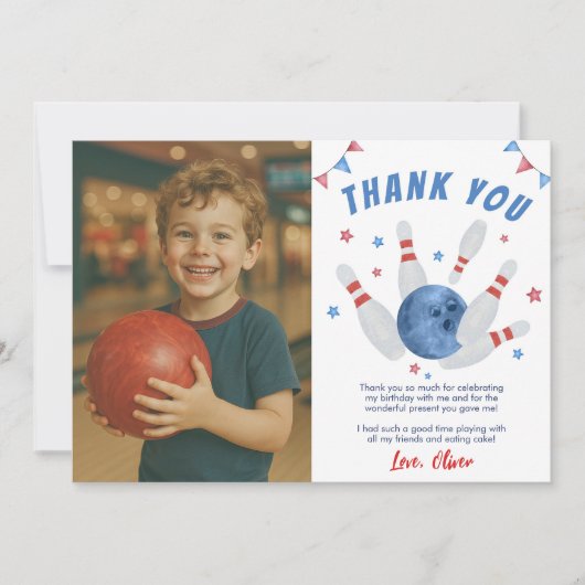 Bowling Modern Kids Verjaardagsfeest Foto Bedankkaart (Voorkant)