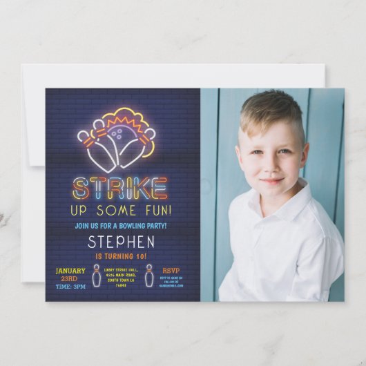 Bowling nodigen verjaardagsfeestje neon foto staki kaart (Voorkant)