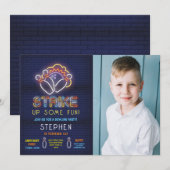 Bowling nodigen verjaardagsfeestje neon foto staki kaart (Voorkant / Achterkant)