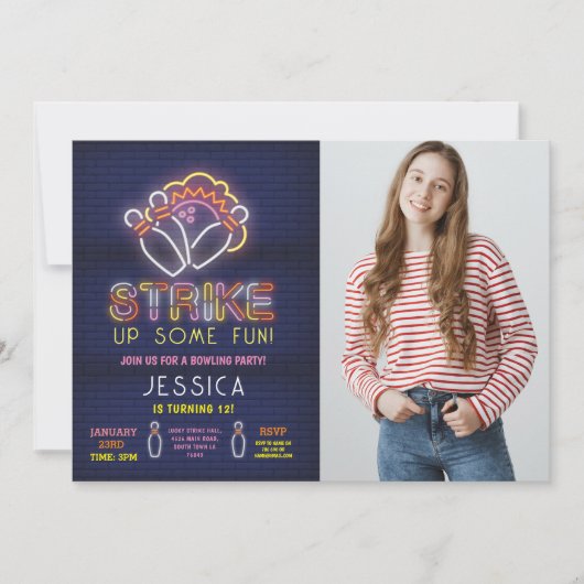 Bowling nodigen verjaardagsfeestje neon foto staki kaart (Voorkant)