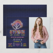 Bowling nodigen verjaardagsfeestje neon foto staki kaart (Voorkant / Achterkant)