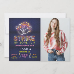 Bowling nodigen verjaardagsfeestje neon foto staki kaart
