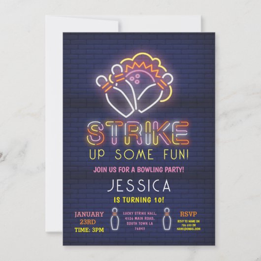 Bowling nodigen verjaardagsfeestje neon roze staki kaart (Voorkant)