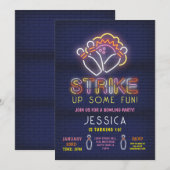 Bowling nodigen verjaardagsfeestje neon roze staki kaart (Voorkant / Achterkant)