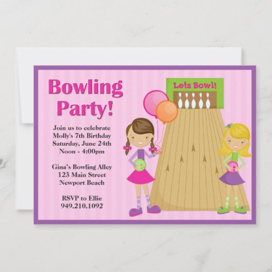 Bowling Party Birthday Invitation for Girl Kaart (Voorkant)