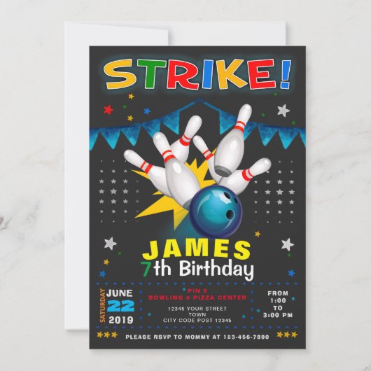 BOWLING PARTY BIRTHDAY INVITATION KAART (Voorkant)
