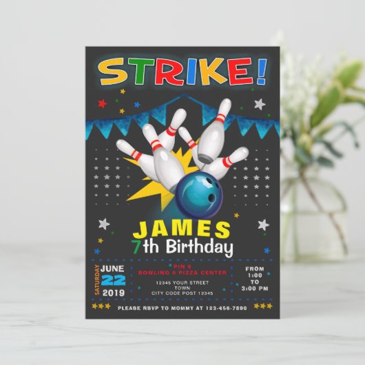 BOWLING PARTY BIRTHDAY INVITATION KAART (Staand voorkant)