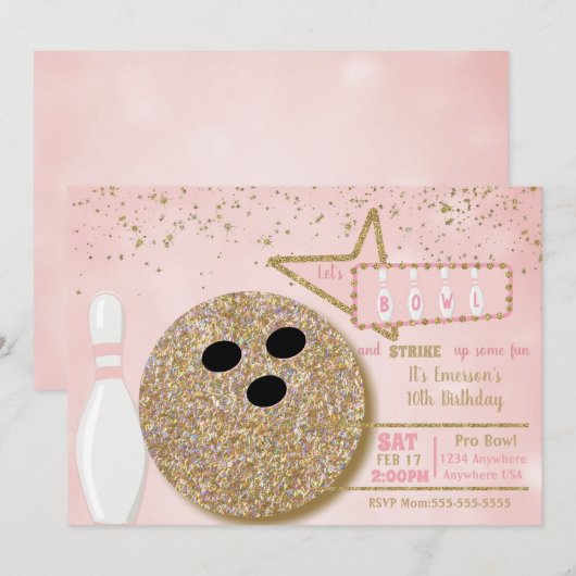 Bowling party, Birthday roze glitter 10th look Kaart (Voorkant / Achterkant)