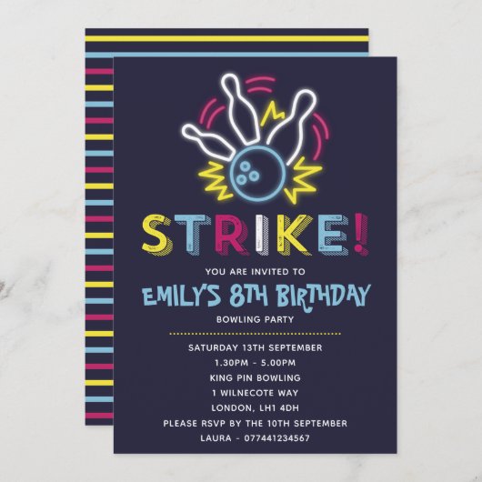 Bowling Party Birthday Uitnodigingen (Voorkant / Achterkant)
