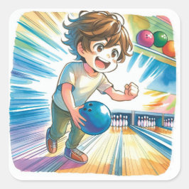 Bowling Party Boy's Anime Verjaardag Welkom Vierkante Sticker