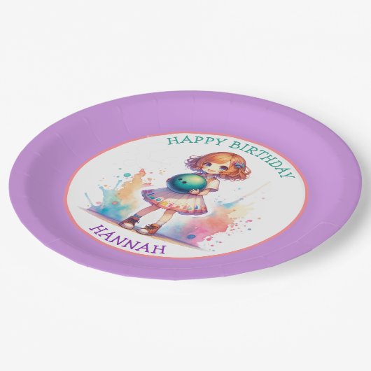 Bowling Party Girl's Anime Verjaardag gepersonalis Papieren Bordje (Gekanteld)