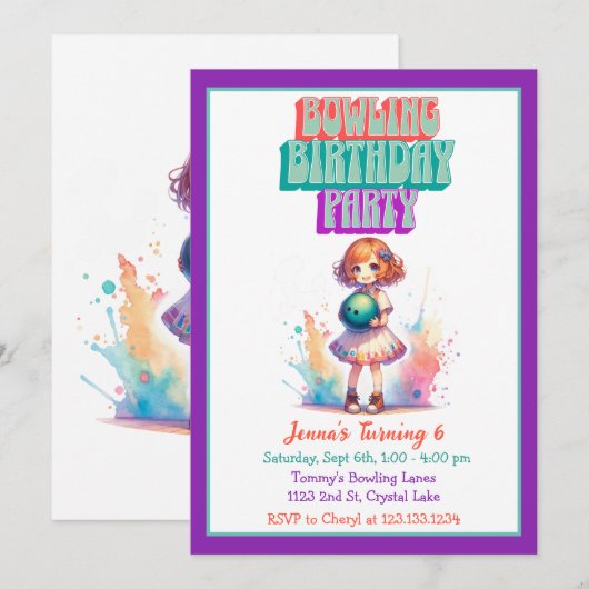 Bowling Party Girl's Anime Verjaardag Uitnodiging (Voorkant / Achterkant)