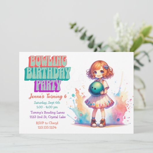 Bowling Party Girl's Anime Verjaardag Uitnodiging (Staand voorkant)