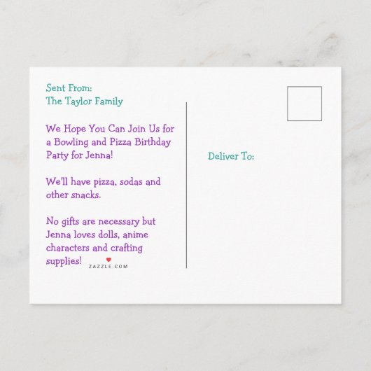 Bowling Party Girl's Anime Verjaardag Uitnodiging (Achterkant)