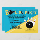 Bowling Party Invitation - Blue and Yellow Kaart (Voorkant / Achterkant)