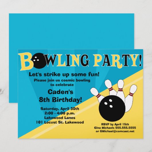 Bowling Party Invitation - Blue and Yellow Kaart (Voorkant / Achterkant)