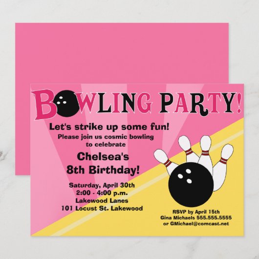 Bowling Party Invitation Girls Bowl Party Kaart (Voorkant / Achterkant)