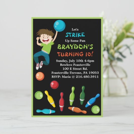 Bowling Party Invitation Happy Birthday Invite Boy Kaart (Staand voorkant)