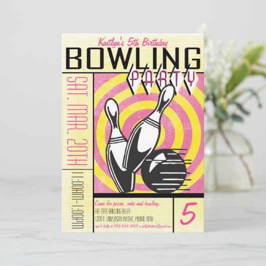 Bowling Party Invitation - Roze Kaart (Staand voorkant)