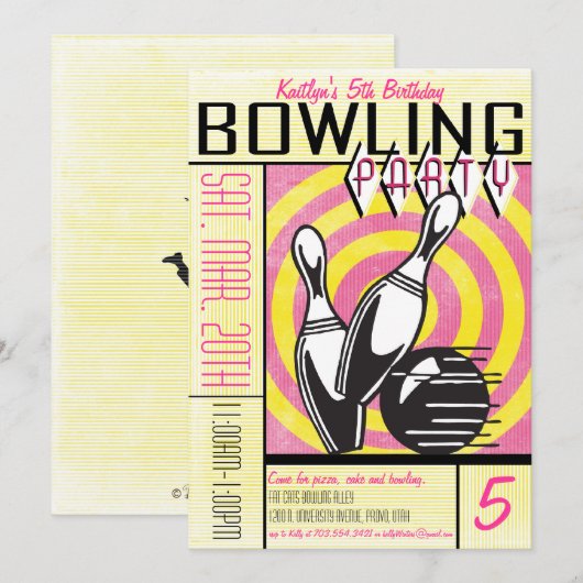 Bowling Party Invitation - Roze Kaart (Voorkant / Achterkant)
