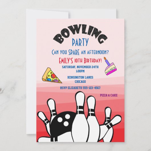 Bowling Party Nodig Bal en Pins Pizza en Taart uit Kaart (Voorkant)