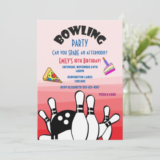 Bowling Party Nodig Bal en Pins Pizza en Taart uit Kaart (Staand voorkant)