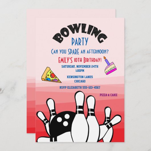 Bowling Party Nodig Bal en Pins Pizza en Taart uit Kaart (Voorkant / Achterkant)