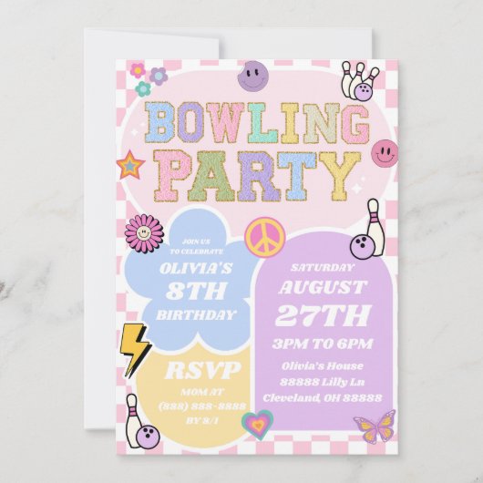 Bowling Party Preppy Varsity Patch Verjaardagsfees Kaart (Voorkant)