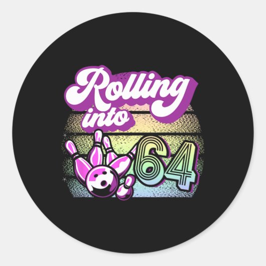 Bowling Party rolt naar 64 Bowling verjaardag Ronde Sticker (Voorkant)
