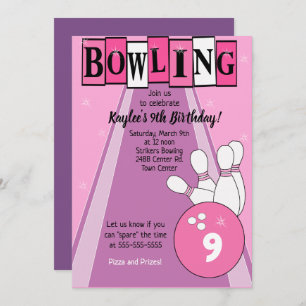 Bowling Party roze Girls Birthday Kaart