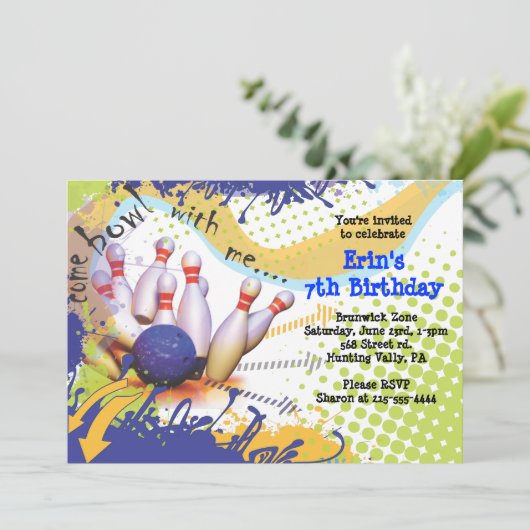 Bowling Party Uitnodiging Gelukkige Verjaardag Uit (Staand voorkant)