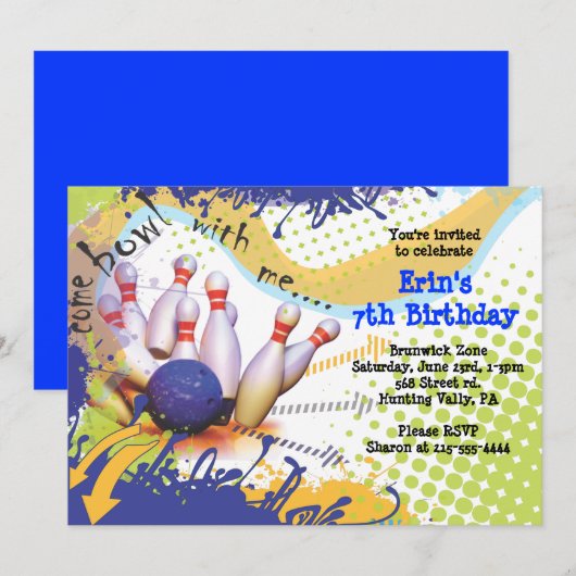 Bowling Party Uitnodiging Gelukkige Verjaardag Uit (Voorkant / Achterkant)