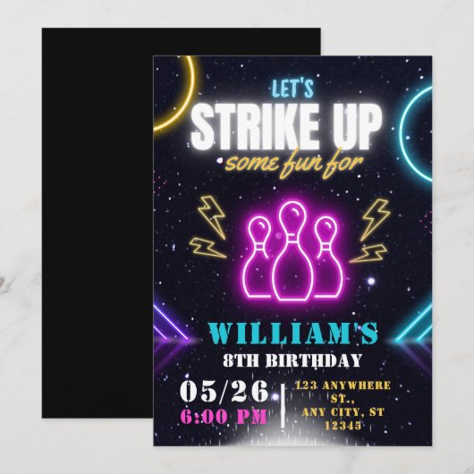 Bowling Party uitnodiging, jongen bowling verjaard Kaart (Voorkant / Achterkant)