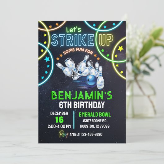Bowling Party Uitnodiging jongens Strike Up Some F (Staand voorkant)