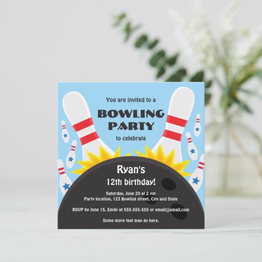 Bowling party-uitnodiging met bowlingbal, blauw kaart (Staand voorkant)