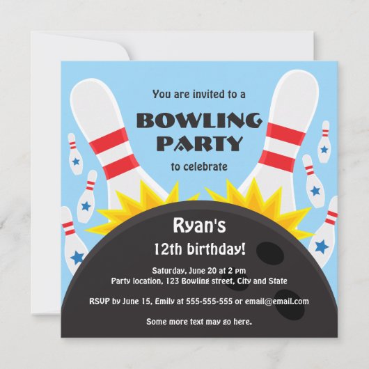 Bowling party-uitnodiging met bowlingbal, blauw kaart (Voorkant)
