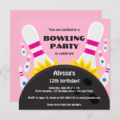 Bowling party-uitnodiging met bowlingbal, roze kaart (Voorkant / Achterkant)