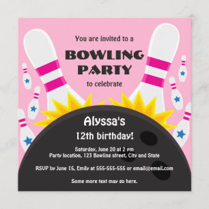 Bowling party-uitnodiging met bowlingbal, roze kaart