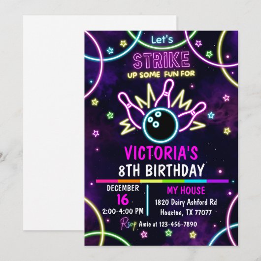 Bowling Party uitnodiging, spelden, meisje bowling Kaart (Voorkant / Achterkant)